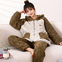 女士舒棉绒连帽拉链睡衣套装秋冬保暖家居服套装少女宽松三层加厚