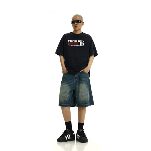 美式复古牛仔短裤男女做旧街头宽松百搭直筒休闲水洗五分裤中裤潮 - 图3