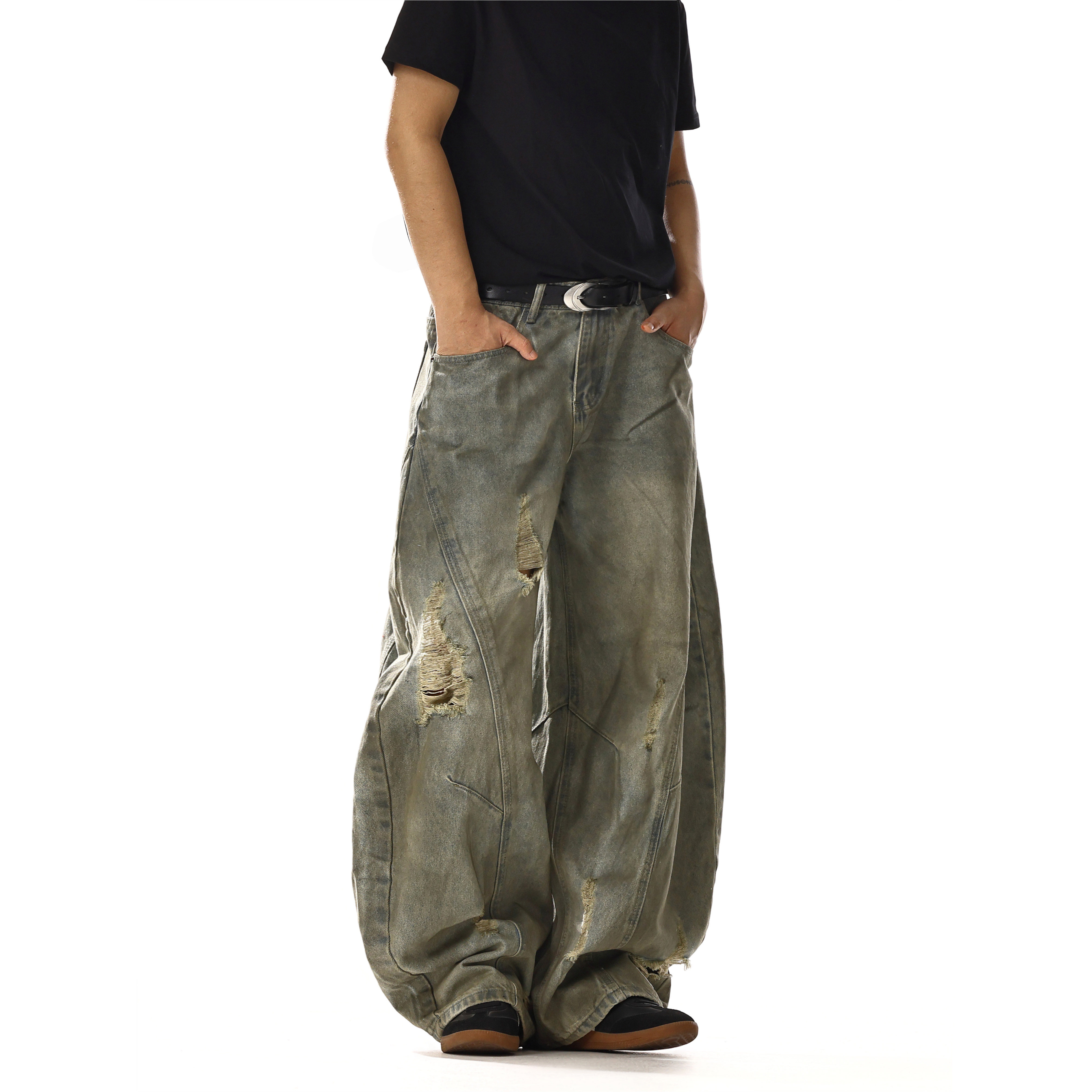 美式复古水洗做旧破洞牛仔裤男女设计感小众宽松直筒阔腿弯刀裤子,淘宝优惠券,粉丝福利购,淘宝优惠卷