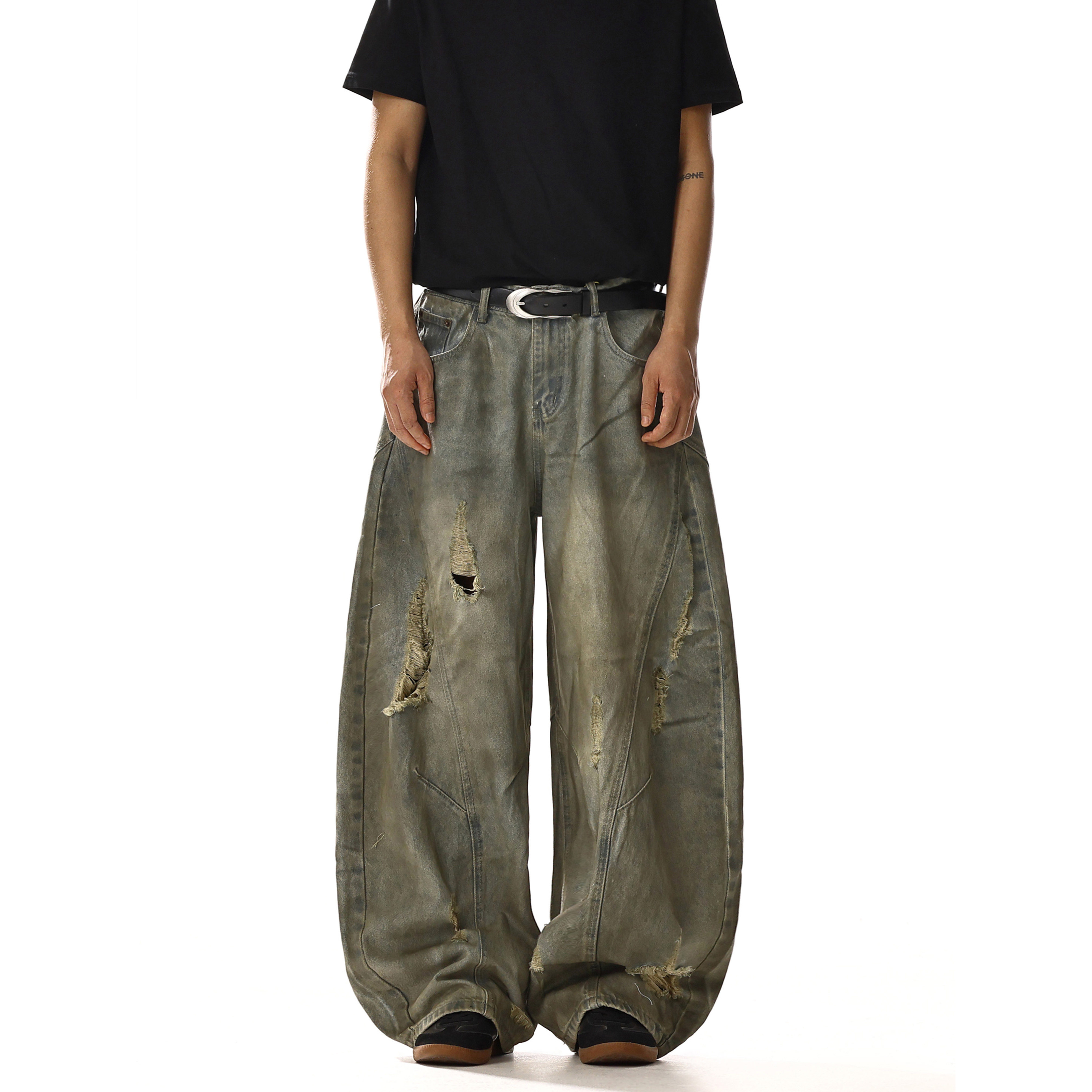 美式复古水洗做旧破洞牛仔裤男女设计感小众宽松直筒阔腿弯刀裤子,淘宝优惠券,粉丝福利购,淘宝优惠卷