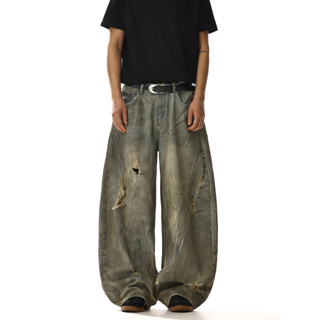 American retro washed distressed ripped jeans for men and women