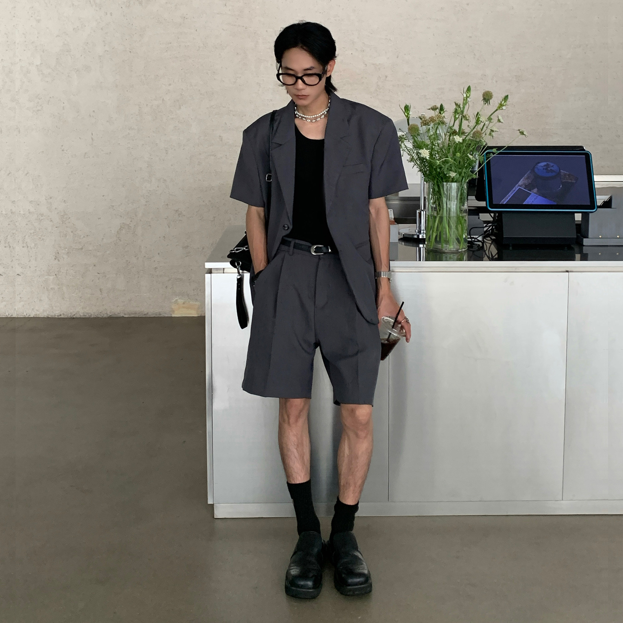 ZINGUP 宽松休闲黑色西装外套 复古轻奢感西装+西裤两件套 - 图1