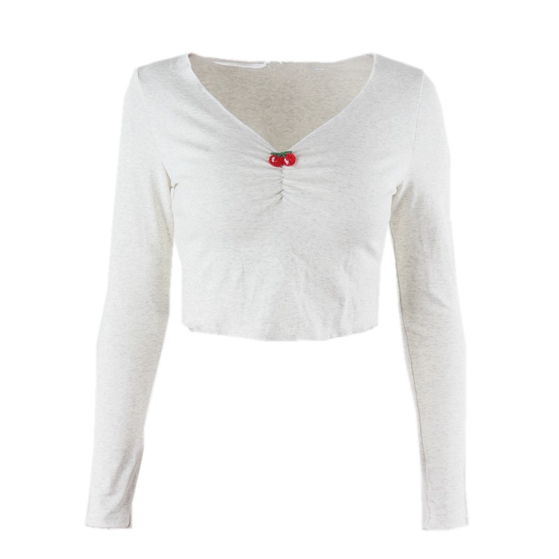 ins风性感v领长袖樱桃刺绣女t恤 奥颜美T恤