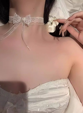 纯欲风春夏温柔蕾丝白色蝴蝶结choker双层项圈项链颈链高级锁骨链