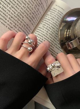 夏天25银色线条圆球戒指女复古时