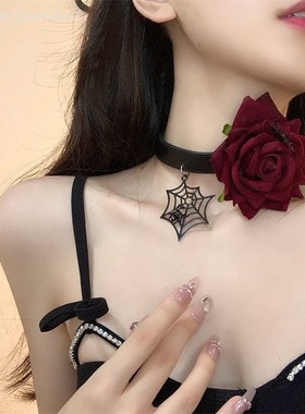万圣节黑色玫瑰花项链高级感夸张