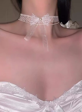 蝴蝶结白色蕾丝项圈颈链
