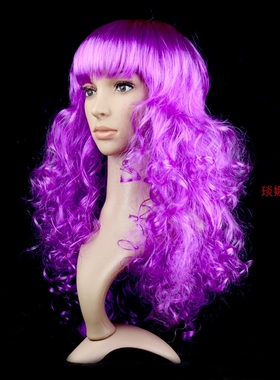 彩色大波浪假发化妆舞会头套化纤长卷发头饰cosplay装扮造型桃红