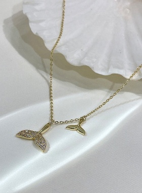 韩版气质微镶锆石鱼尾项链锁骨链抖音同款美人鱼尾巴双尾巴锁骨链