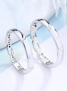 S925纯银链条情侣戒指韩版简约时尚镶钻链子男女对戒开口大号设计