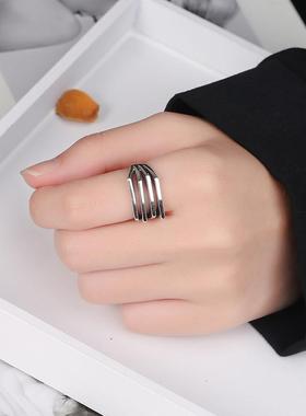 S925纯银错落多层开口戒指INS简约冷淡风小众设计气质简约指环女