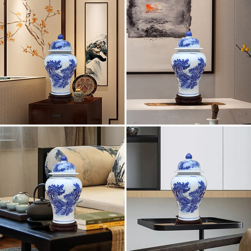 景德镇陶瓷器青花瓷将军罐纹储物罐 傲世花瓶