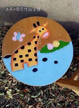 实木彩绘蛋糕长颈鹿摆件家居装饰