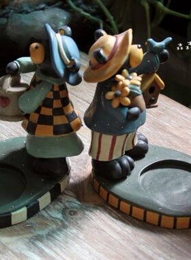 小熊古董彩绘乡村风烛台家居装饰