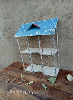 样品复古做旧双层小房子装饰摆件