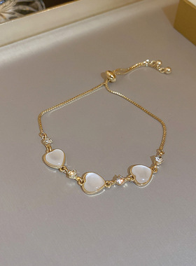 真金电镀猫眼石珍珠花朵爱心手链韩国ins时尚可调节手环轻奢手饰