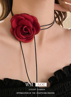 超仙布艺玫瑰花朵项链时尚个性choker颈链气质百搭甜酷风饰品配饰