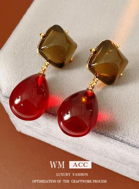 美拉德风方形树脂水滴吊坠耳环女复古小众夸张耳钉气质高级感耳饰