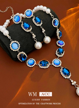 银针蓝色镶钻椭圆珍珠项链轻奢精致锁骨链时尚高级感项饰