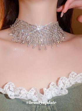 欧美镶钻镂空流苏锁骨链