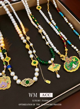 新中式真金电镀莲花扇子项链时尚气质锁骨链复古轻奢高级感项饰女