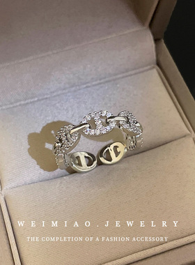 锆石链条猪鼻开口戒指韩国ins时尚小众设计感食指戒轻奢气质手饰