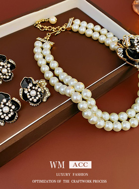 中古vintage项链法式镶钻滴油花朵珍珠项链复古气质项饰