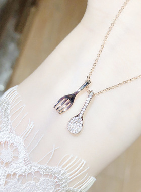 直播同款锁骨链锆石汤勺叉子项链女项饰一日三餐主题网红饰品