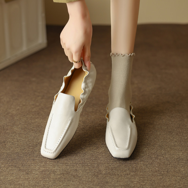 头层牛皮休闲风方头乐福鞋女米白色一脚蹬软底豆豆鞋懒人鞋老钱风,淘宝优惠券,粉丝福利购,淘宝优惠卷