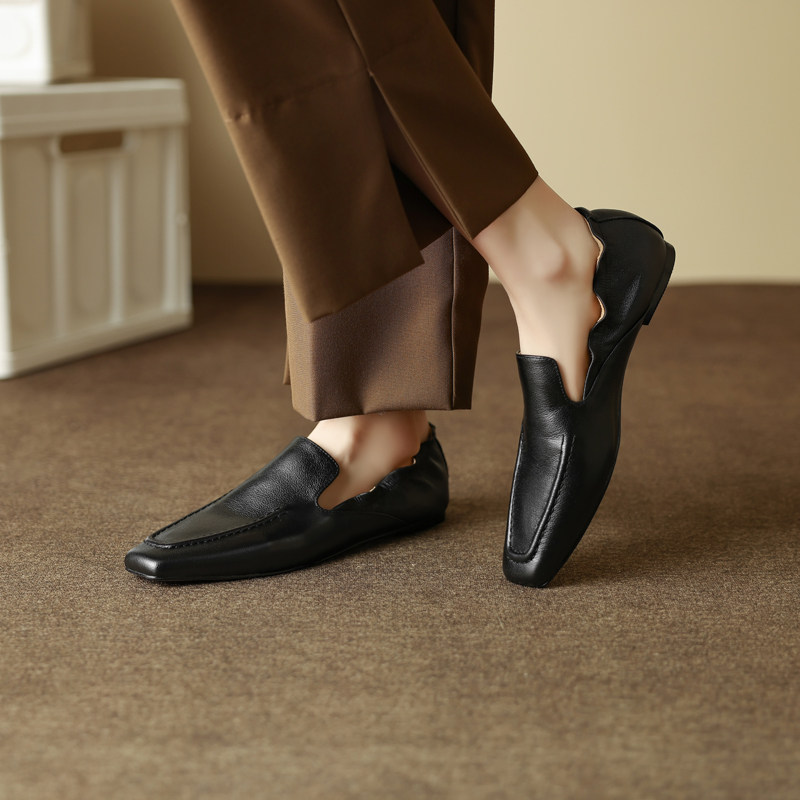 头层牛皮休闲风方头乐福鞋女米白色一脚蹬软底豆豆鞋懒人鞋老钱风,淘宝优惠券,粉丝福利购,淘宝优惠卷