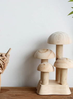 木质手工蘑菇原创侘寂风民宿饰品