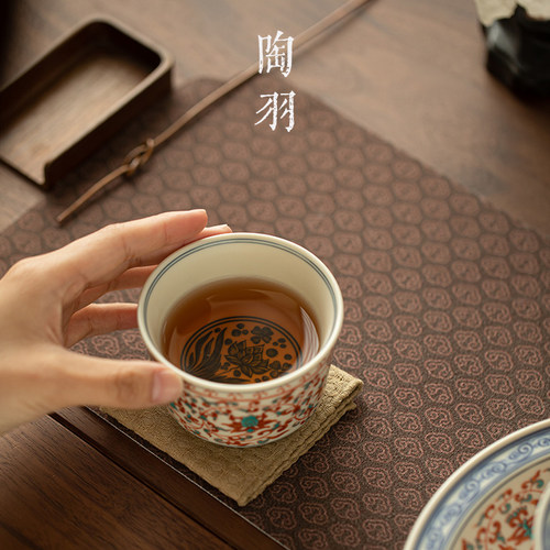 红绿彩缠枝莲纹平川杯陶瓷主人杯个人专用品茗杯功夫茶具喝茶杯 - 图2