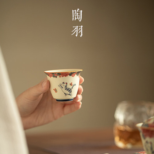 手绘猫咪反口杯主人杯复古家用功夫茶杯中式陶瓷闻香杯品茗杯单杯 - 图3