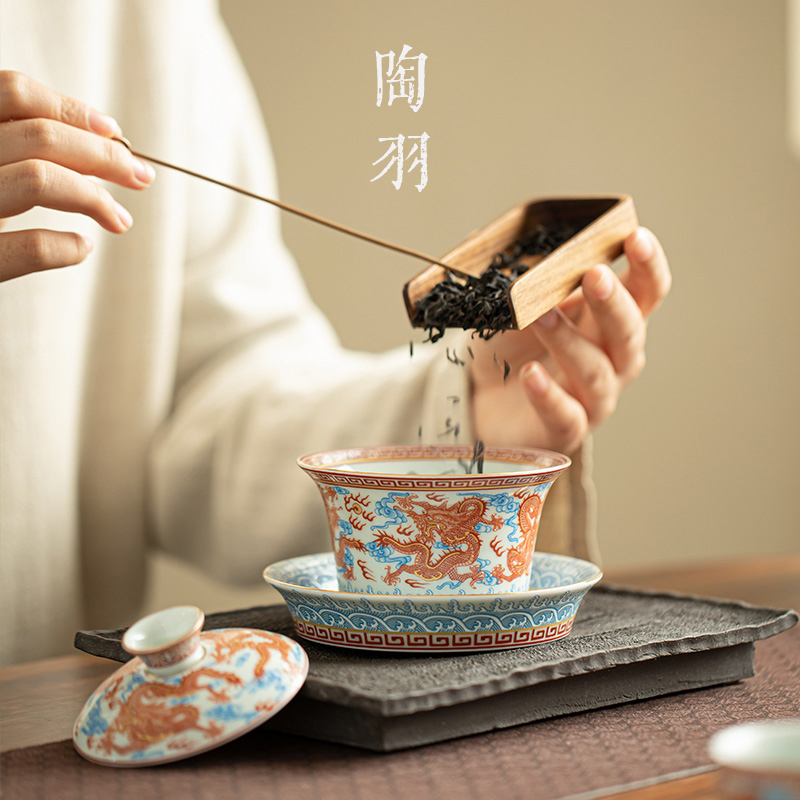 仿古泥巩红龙纹三才马蹄盖碗带盖泡茶杯家用陶瓷功夫茶具泡茶器-图2