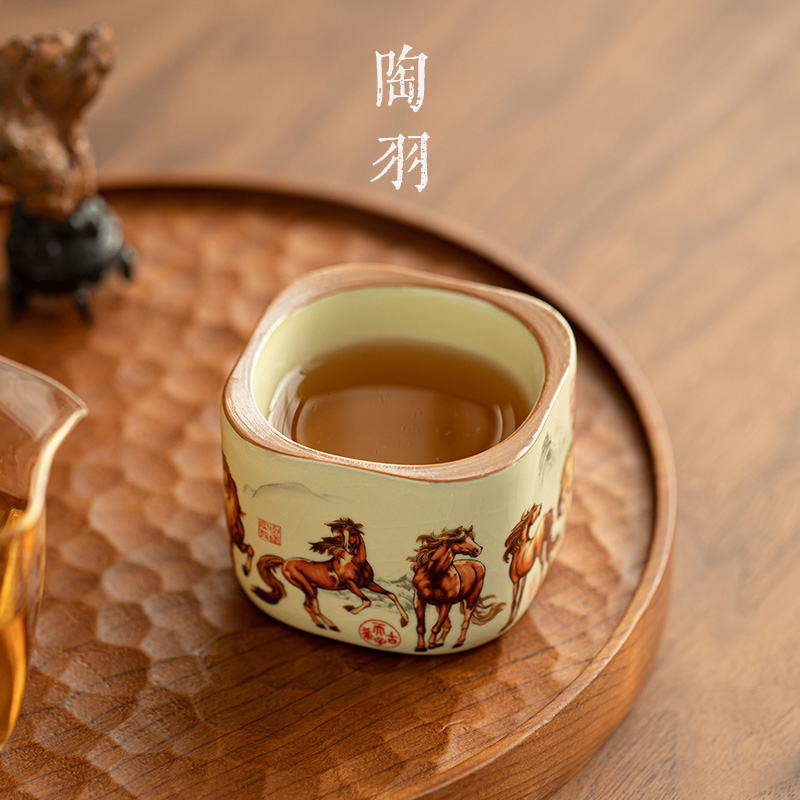 汝窑八马四方杯主人杯功夫茶具品茗杯单杯汝瓷开片家用喝茶杯子