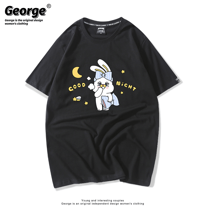 2021新款短袖兔女郎卡通晚安粉t恤 乔治甲克车T恤