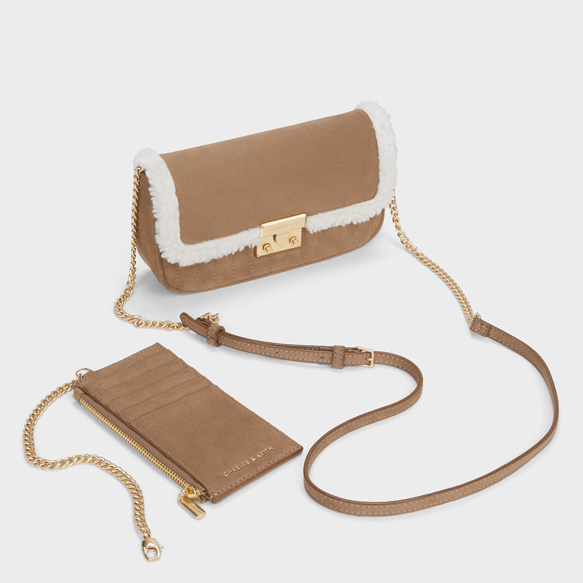 CHARLES&KEITH秋女包CK2-00701520-1金属扣饰子母单肩毛绒小方包 - 图0