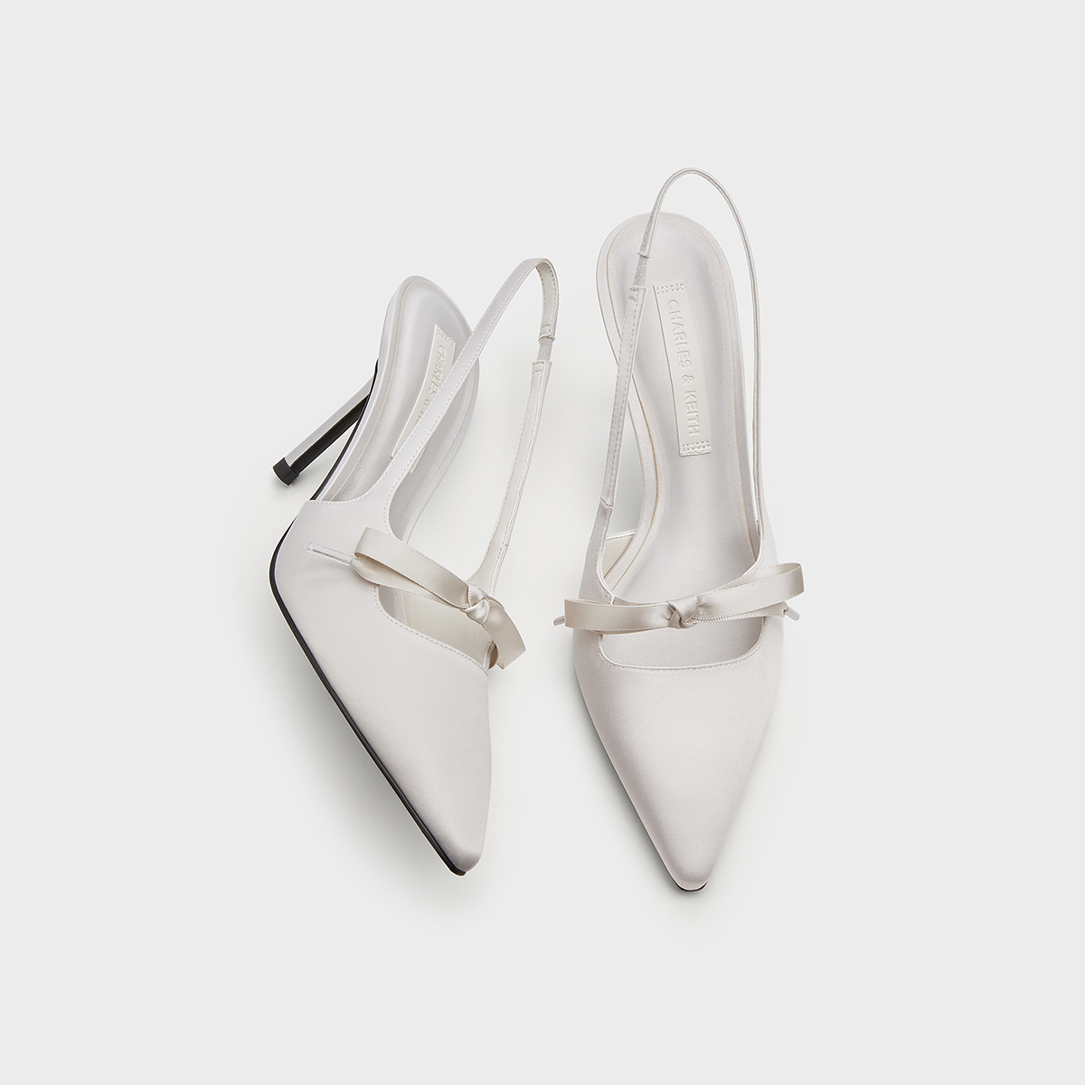 CHARLES&KEITH秋冬女鞋CK1-60361556缎面蝴蝶结尖头高跟凉鞋婚鞋 - 图1
