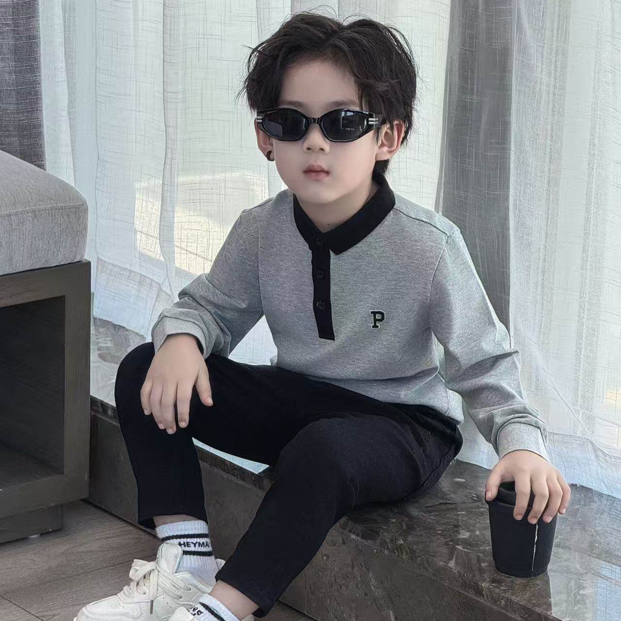 男童polo衫2025新款儿童春秋翻领长袖T恤中大童灰色休闲上衣帅气,淘宝优惠券,粉丝福利购,淘宝优惠卷