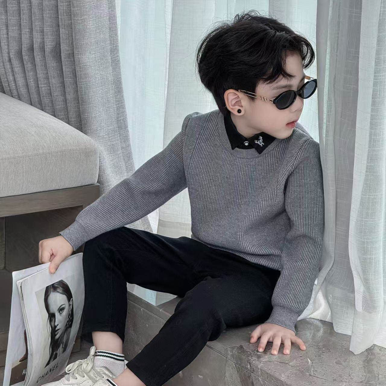 男童假两件毛衣2025新款儿童秋冬针织衫中大童装打底上衣简约帅气,淘宝优惠券,粉丝福利购,淘宝优惠卷