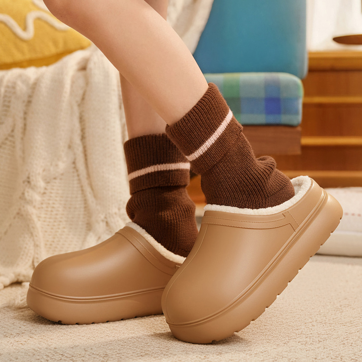 防水可外穿棉拖鞋女款冬季2025新款防滑厚底保暖毛毛绒增高跟拖鞋,淘宝优惠券,粉丝福利购,淘宝优惠卷