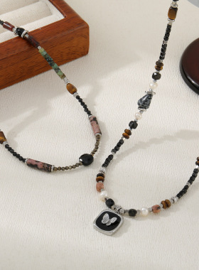 英国cherry kitty复古石黑尖晶串珠项链蝴蝶吊坠黑线红纹中性