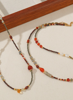 英国cherry kitty国潮红玛瑙石串珠项链捷克珠原创复古设计高级