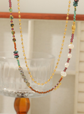 英国cherry kitty复古彩色石进口米珠捷克珠串珠项链淡水珍珠不