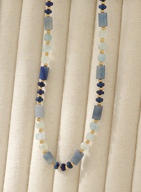 英国Cherry Kitty新款浅蓝色海蓝宝手工串珠项链原创设计小众