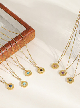 英国cherry kitty衍生系列 设计切面石圆牌吊坠锁骨项链18k吊坠