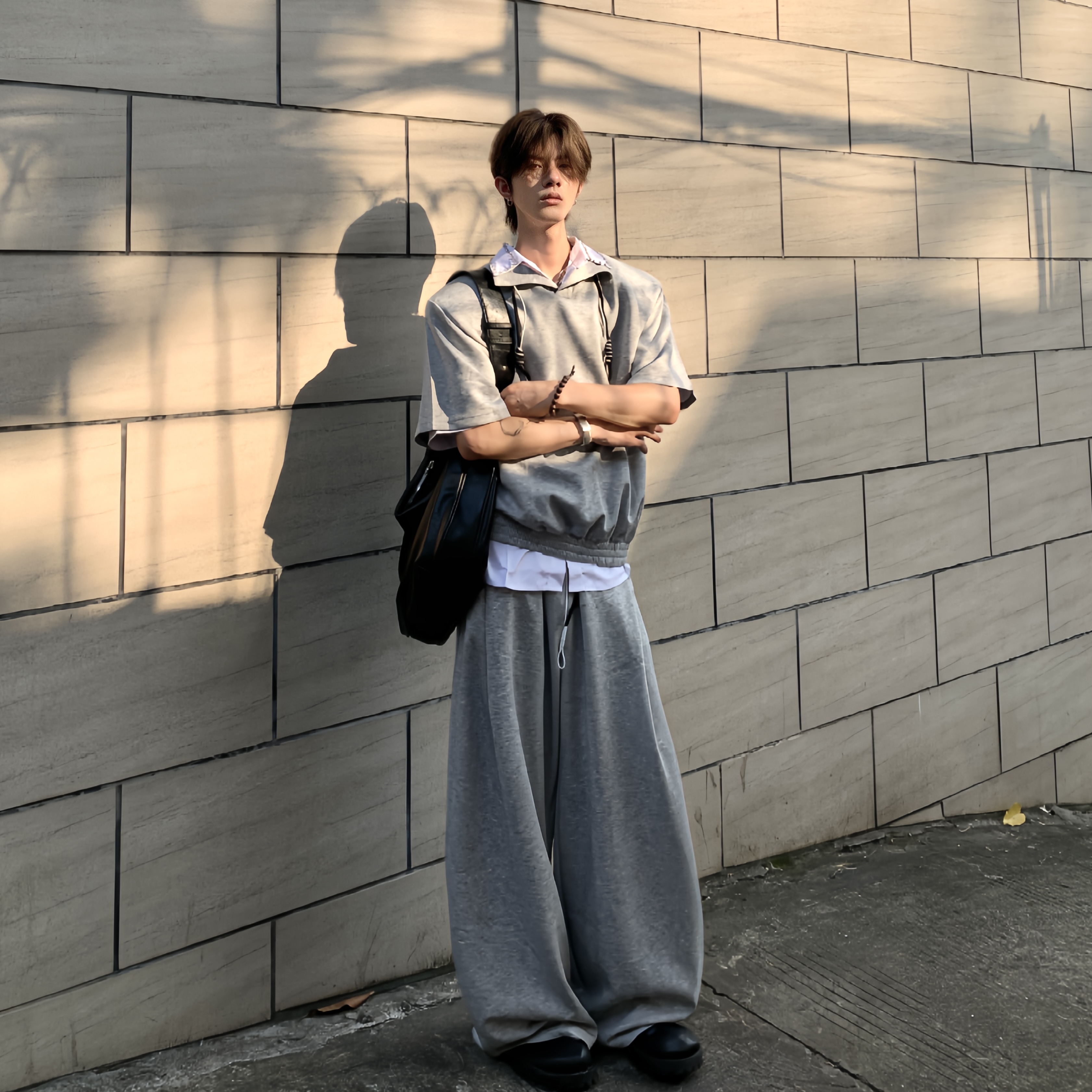 Med老叔 原创韩版简约抽绳POLO衫卫衣套装拖地直筒宽松休闲裤男潮 - 图0