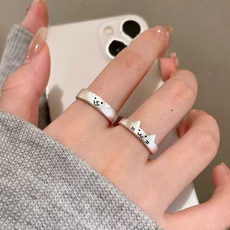 Cat and Dog Diary Couple Ring Two-in-One Kitten and Puppy Ring Little Red Book Same Style Frosted Open Ring