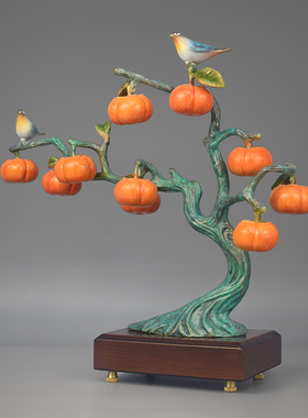 纯铜事事如意柿子喜鹊摆件