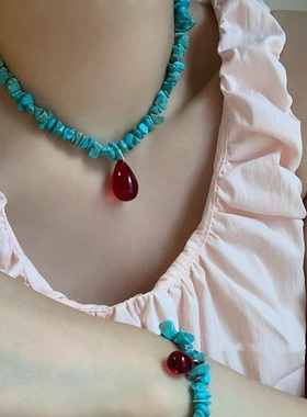 韩国fever同款不规则蓝色天然碎石串珠红色水滴吊坠项链锁骨链女